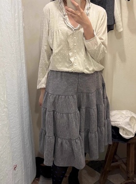 viaplain现货25秋款韩国东大门高腰显瘦羊毛褶皱拼接半身伞裙裙女