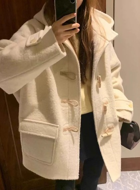 ounce现H25冬款韩国东大门羊毛牛角扣连帽保暖毛呢中长款大衣外套