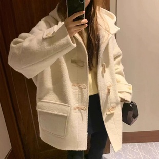 ounce现H25冬款 大衣外套 韩国东大门羊毛牛角扣连帽保暖毛呢中长款
