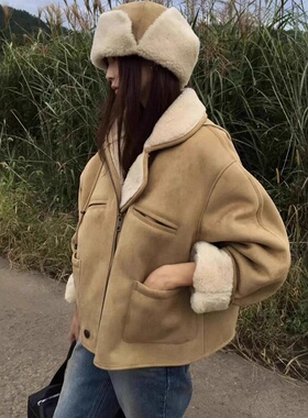 BREATHE现H25冬款韩国东大门宽松复古麂皮羊羔绒仿皮毛一体夹克女