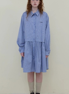 nocontent现H25秋款韩国东大门宽松显瘦休闲蓝色格子衬衫连衣裙女