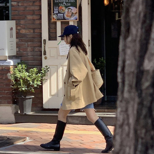 韩国东大门宽松显瘦撞色风衣外套