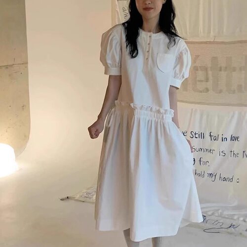 fletta现货26夏款韩国东大门宽松休闲收腰显瘦碎花泡泡袖连衣裙女