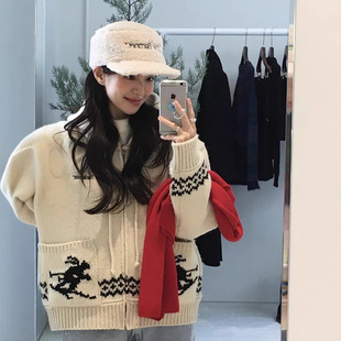 The Barnnet现H25秋款韩国东大门宽松连帽提花针织开衫全羊毛外套