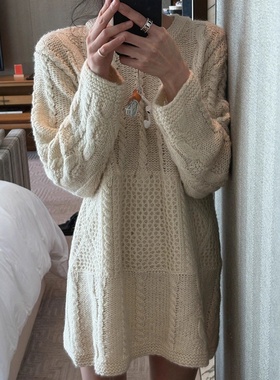 Dearest现H25秋款韩国东大纯色中长款镂空圆领套头拼接针织毛衣女