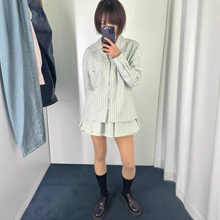 GROVE现H25夏款韩国东大门休闲百搭格纹格纹长袖衬衫短裙两件套女