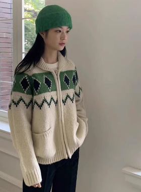26春款韩国复古撞色提花翻领针织外套圣诞氛围感绿色菱格提花毛衣
