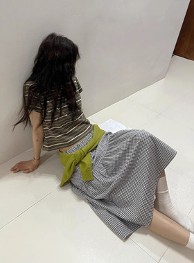 BRENDA BRENDEN现25夏款韩国东大门复古文艺百搭松紧腰格子半身裙