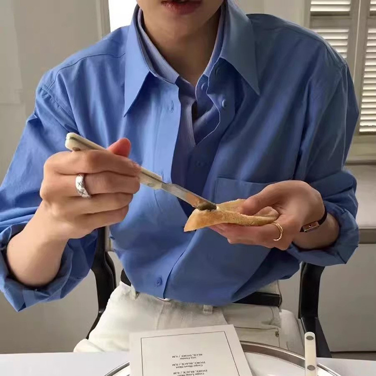 竖条纹假两件叠穿长袖衬衫女韩国