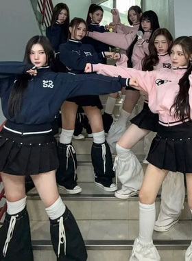 H2H心妹同款现H韩国东大门甜酷字母刺绣夹克铆钉百褶裙两件套套装