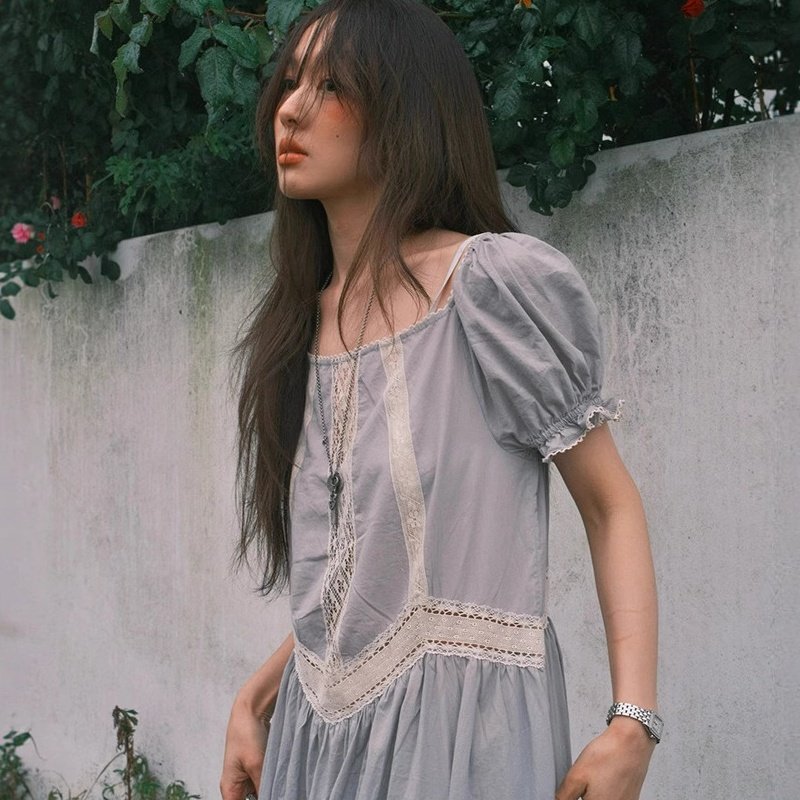 fleta现H25夏款韩国东大门法式复古蕾丝镂空宽松显瘦花苞连衣裙女