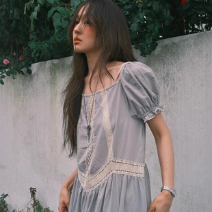 fleta现H25夏款 复古蕾丝镂空宽松显瘦花苞连衣裙女 韩国东大门法式