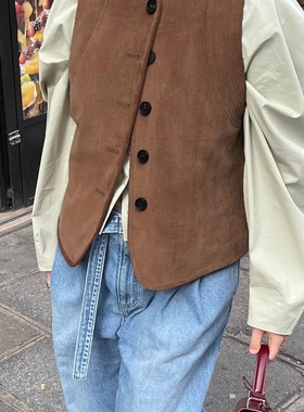 Dearest现H25秋款韩国东大门纯色复古麂皮绒无袖马甲单排扣上衣女