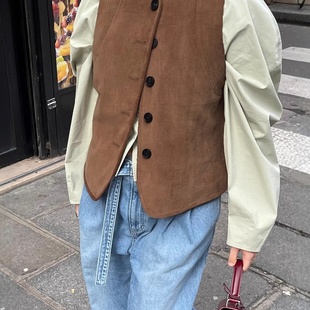 Dearest现H25秋款 马甲单排扣上衣女 韩国东大门纯色复古麂皮绒无袖