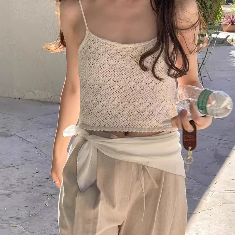韩国ounce纯色露脐钩花针织背心