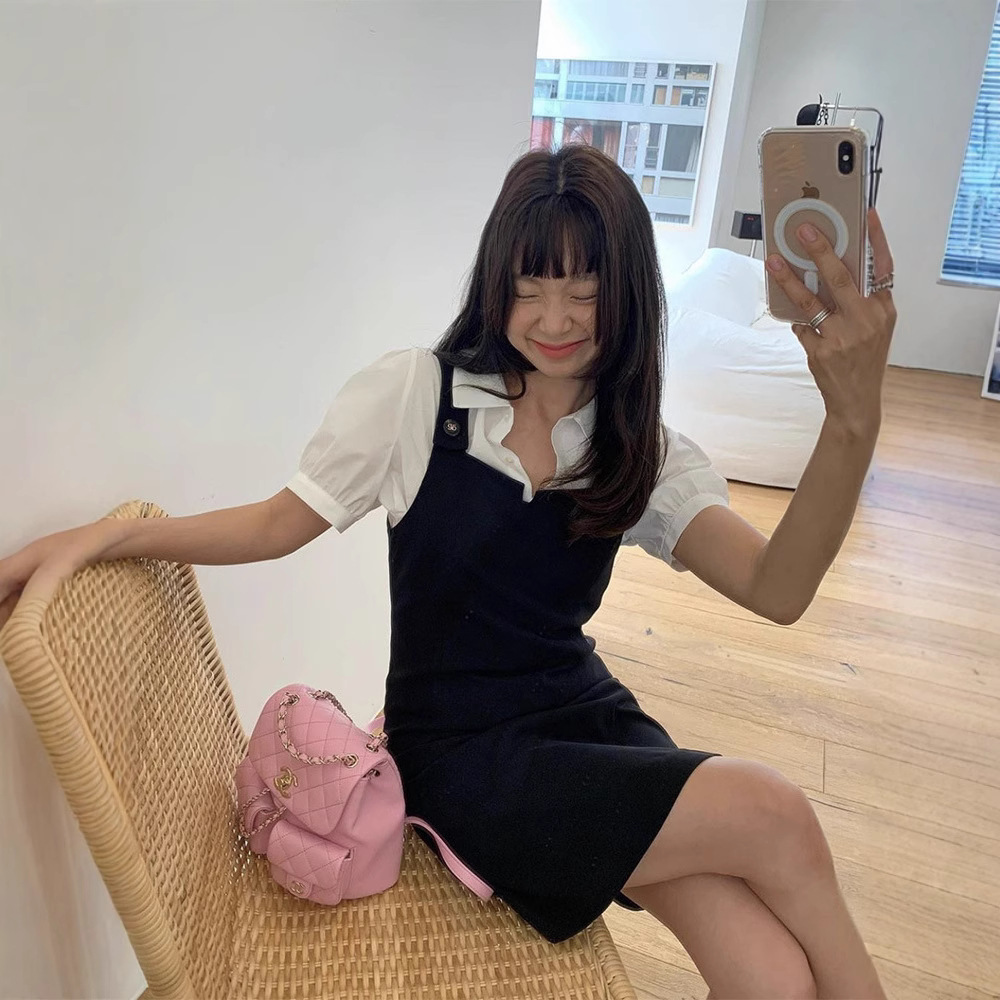 韩国东大门学院风方领短款连衣裙