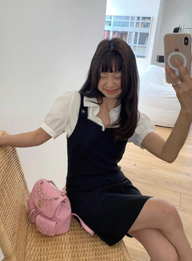 depound现H25夏款东大门短袖衬衫学院风方领短款连衣裙背带裙套装