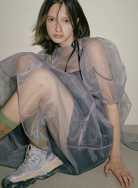 overdue flair现25H夏韩国东大门纯色网纱泡泡袖蝴蝶结吊带裙套装