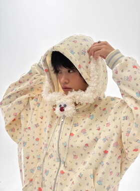 Minjiena现货25秋款可爱休闲小羊兔兔印花围巾外套直筒长裤三件套