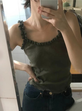 the plan现货25夏款韩国东大门甜美纯色木耳边螺纹吊带内搭背心女