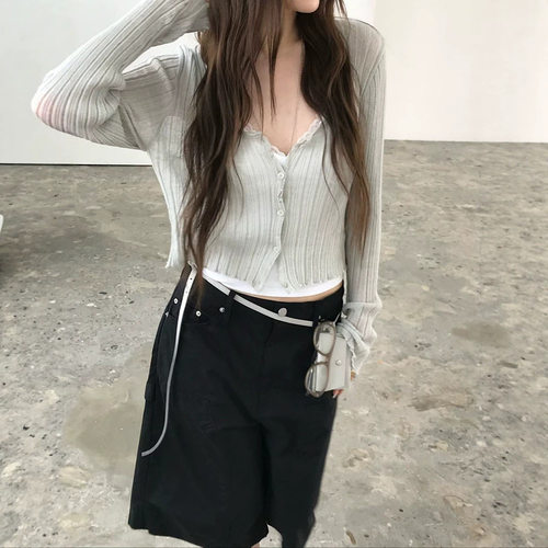 韩系亚麻防晒薄款V领针织开衫女