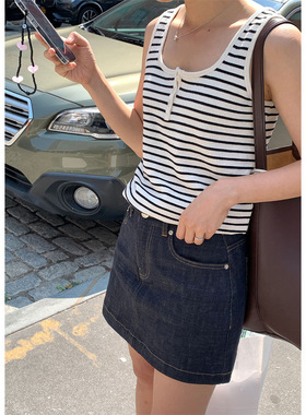 haag现货25夏款韩国东大门经典百搭少女感条纹纯色系扣打底背心女