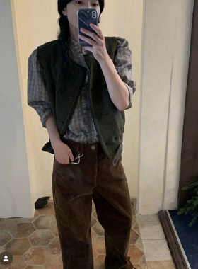 viaplain现25秋冬款韩国东大门宽松复古文艺格子荷叶边褶皱衬衫女