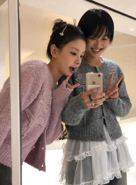 sinoon现货26春款韩国东大门甜美立体玫瑰花圆领开衫毛衣针织套装