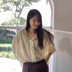 viaplain现H25夏款韩国东大门法式荷叶边V领宽松七分袖叠穿衬衫女
