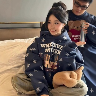 Whenever25款韩国东大门美式复古星星字母印花街头风加绒连帽卫衣