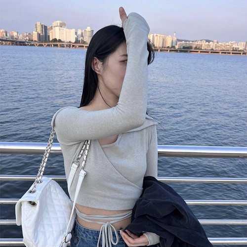 韩国东大门露肩绑带短款长袖T恤