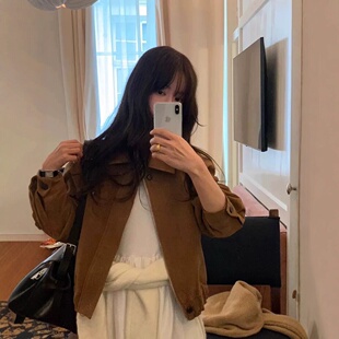 objet现H25秋款韩国东大门纯色复古宽松休闲百搭翻领拉链夹克外套