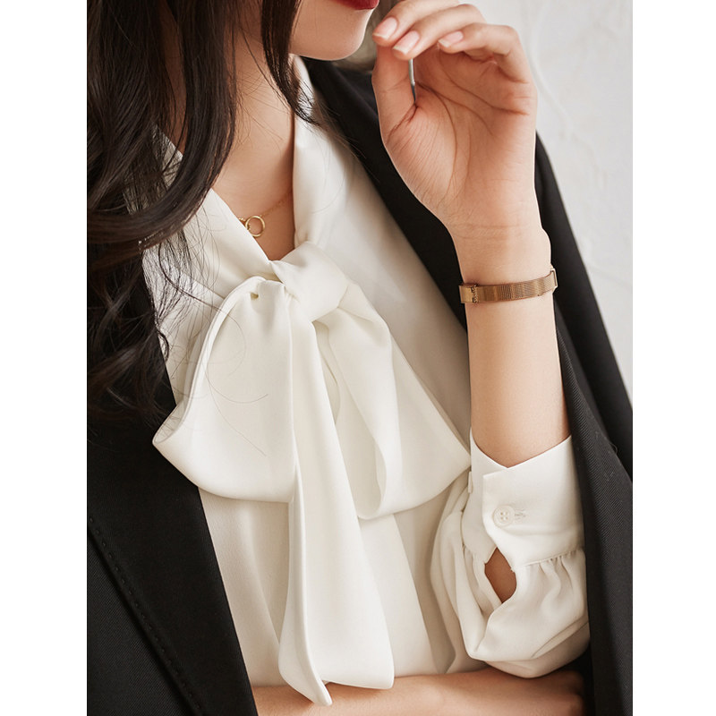 蝴蝶结系带雪纺长袖衬衫女时尚洋气设计感秋冬打底衫飘带气质衬衣