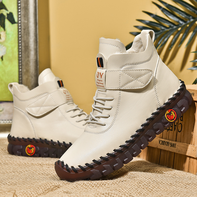 跨境爆款女鞋加绒保暖高帮棉鞋冬季手工缝线妈妈鞋亚马逊软底