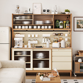 RVR实木餐边柜靠墙一体收纳柜小户型 拼色洞石白蜡木茶水柜收纳柜