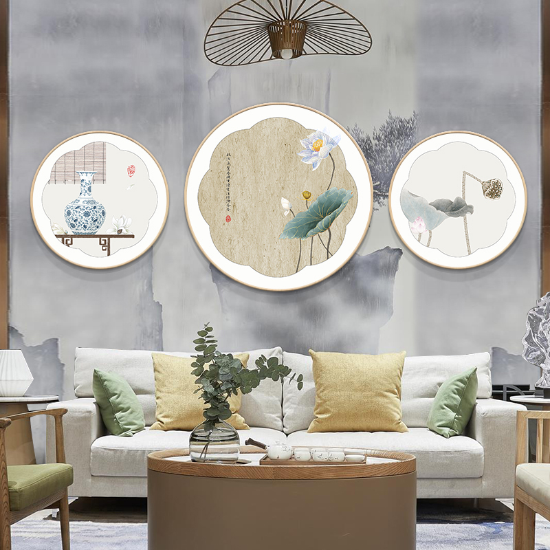 新中式客厅装饰画中国风挂画沙发背景墙三联画禅意圆形壁画荷花画