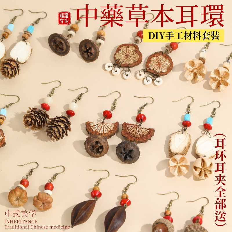 中药耳环diy手工材料包非遗中草药植物天然饰品果实标本耳夹耳饰