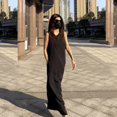 高级感慵懒风仿醋酸长裙 黑色连衣裙简约长款 2025夏季 圆领气质无袖