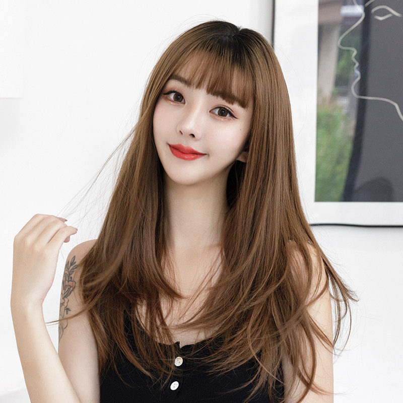 整顶假发女齐刘海中长发气质自然韩式直发型头顶染黑全头套假发套