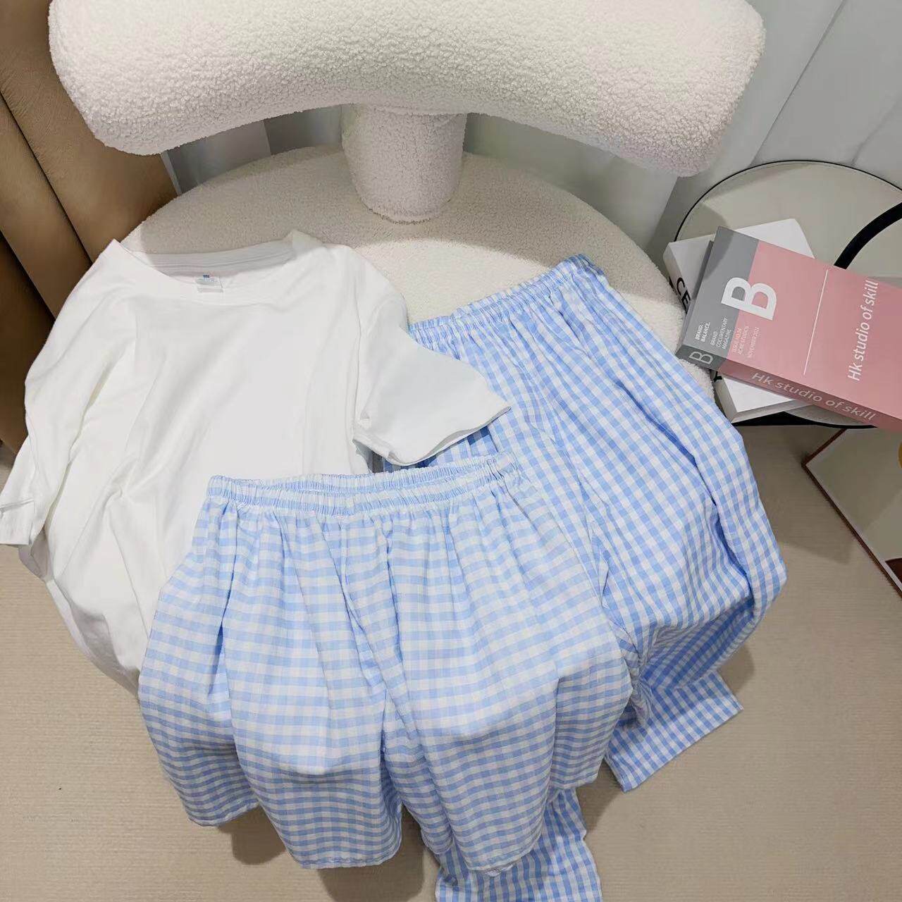 夏季ins洋气感格子长裤短裤T恤三件套家居服可外穿休闲仙女套装女