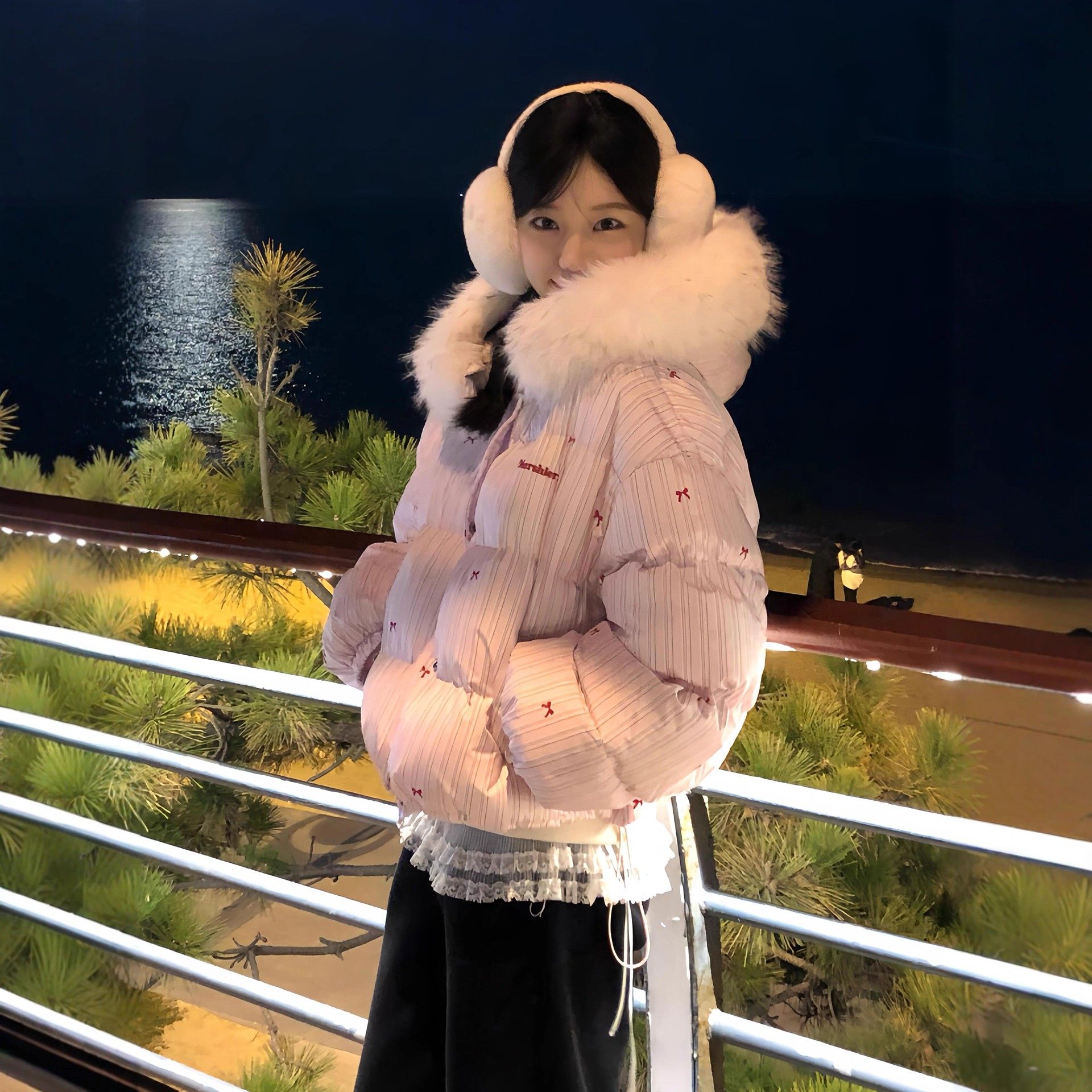 美式粉色条纹蝴蝶结毛领连帽棉服女冬季新款保暖加厚短款面包服潮