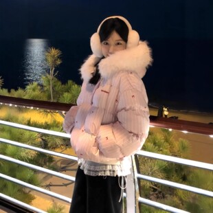 美式粉色条纹蝴蝶结毛领连帽棉服女冬季新款保暖加厚短款面包服潮