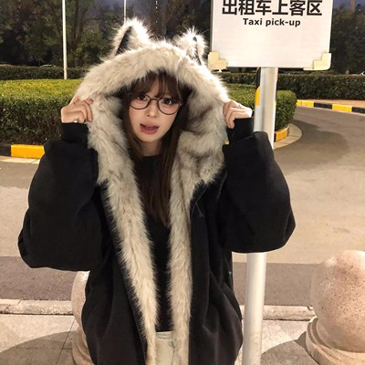 巨好看猫耳朵加绒连帽座山雕外套