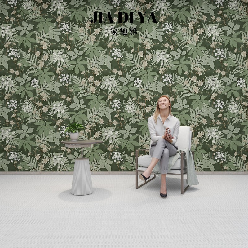 美式植物叶子小碎花花卉橄榄绿壁纸客厅沙发电视背景墙纸卧室壁画