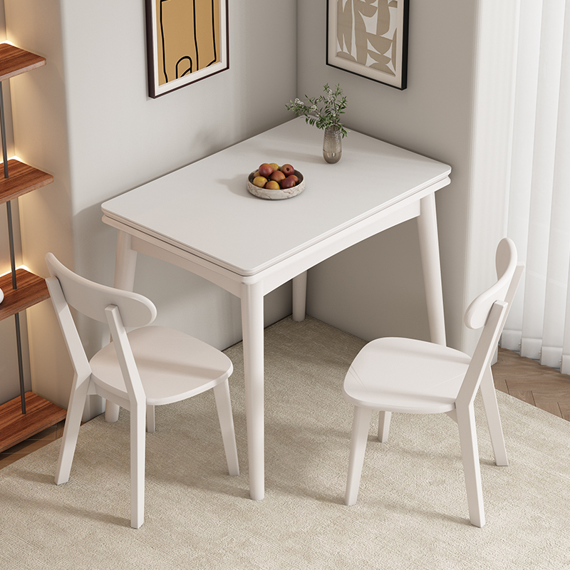 岩板折叠餐桌家用小户型奶油风现代简约伸缩实木餐桌椅组合桌子