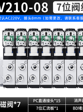 4V210电磁阀组气缸气动阀电磁控制气阀220v24V08汇流板排底座阀岛
