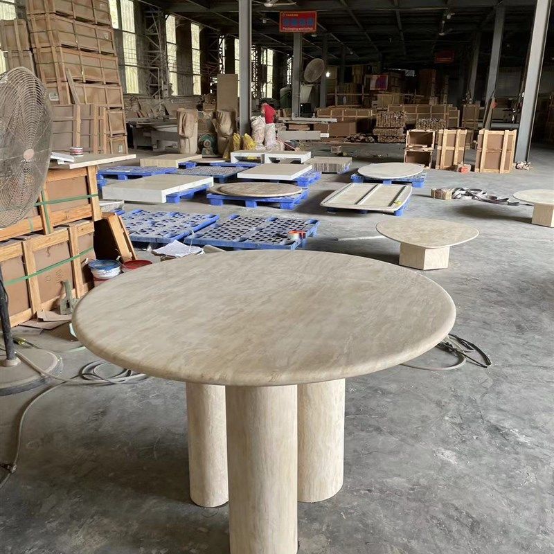 大理石洞石餐桌简约现代洽谈桌酒店会议室餐厅圆形桌轻奢小户型