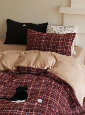 花时间生活冬季卡通猫咪亲肤牛奶绒床单四件套保暖蓄热床上用品