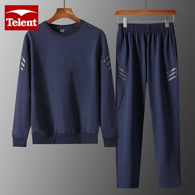 天伦天运动套装男秋冬新款无帽圆领卫衣卫裤保暖套装薄款男士休闲