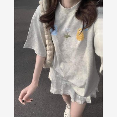小个子花灰色短袖t恤女夏